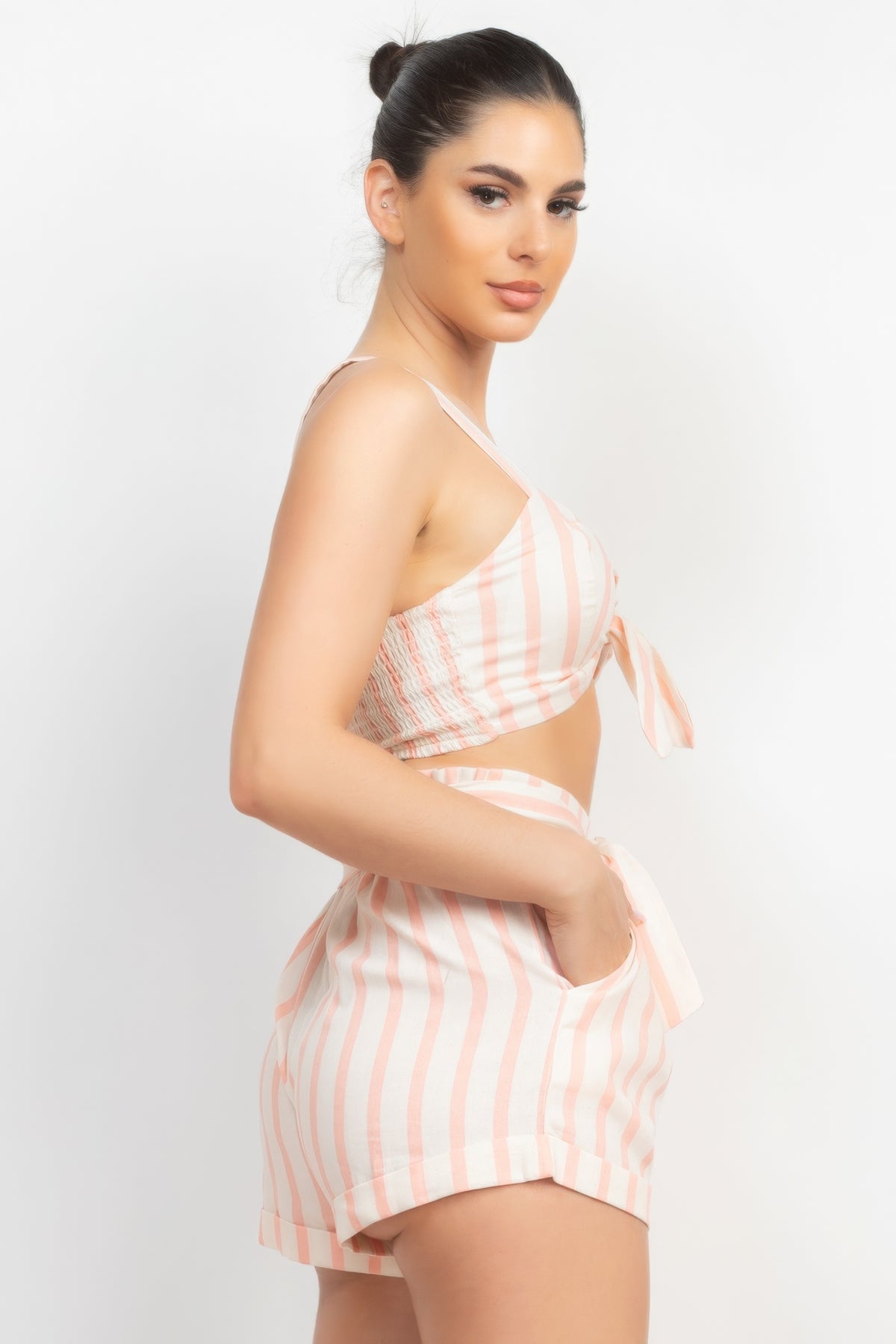 Our Best Polyester Blend Twist Tie-front Striped Crop Top & Belted Shorts Set (Light Coral)