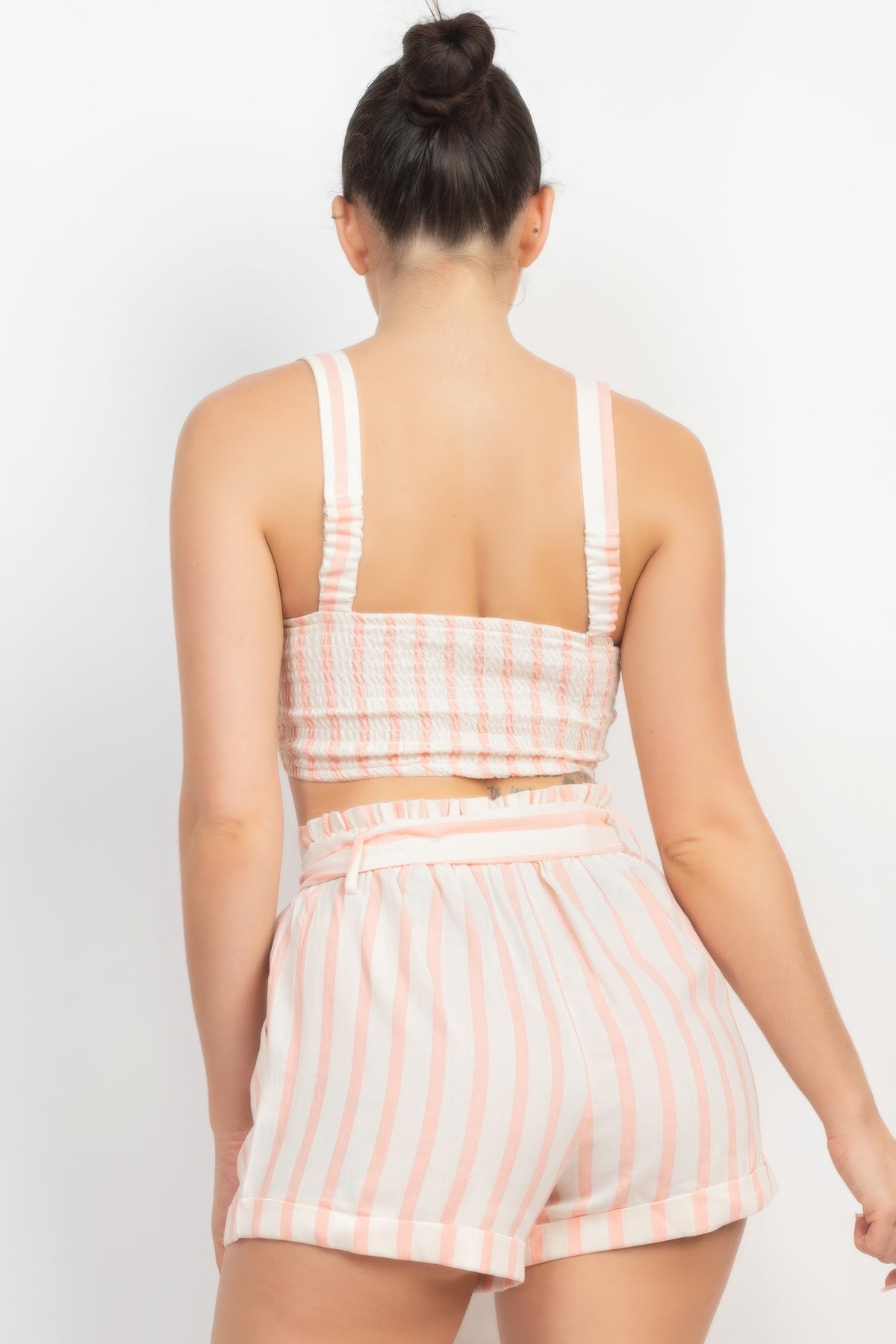 Our Best Polyester Blend Twist Tie-front Striped Crop Top & Belted Shorts Set (Light Coral)