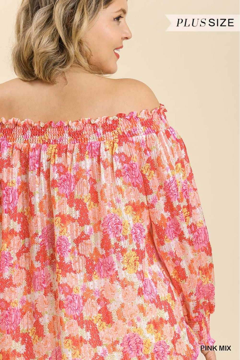 Plus Size Lovely Ladies Polyester Blend Floral Print Metallic Off Shoulder Top w/High Low Hem (Pink Mix)