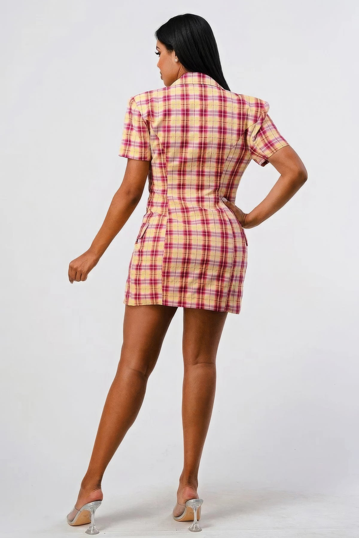 Our Best Polyester Blend Wide Collared Double Breasted Plaid Blazer Mini Dress (Pink)