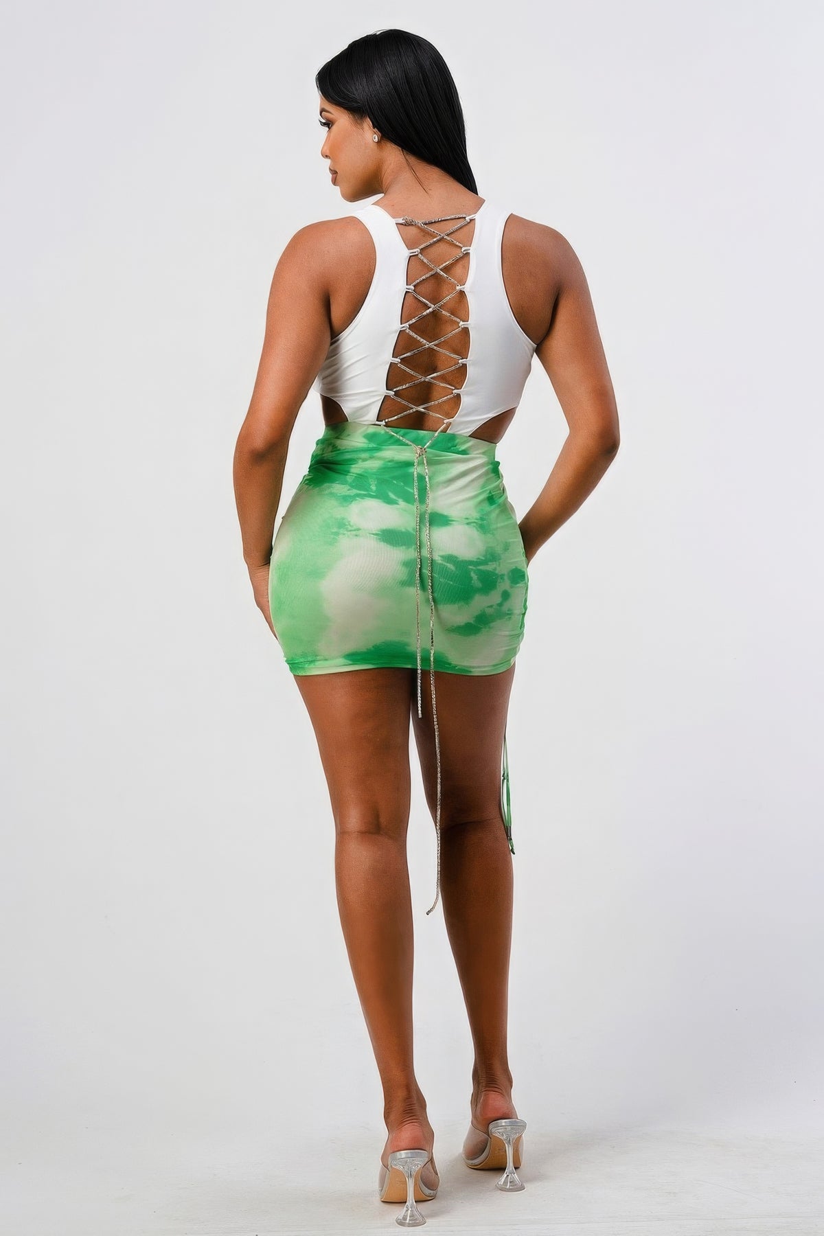 Our Best Polyester Blend Sleeveless Detachable Rhinestone Bodycon Tie Dye Ruched Mini Dress (Green Combo)