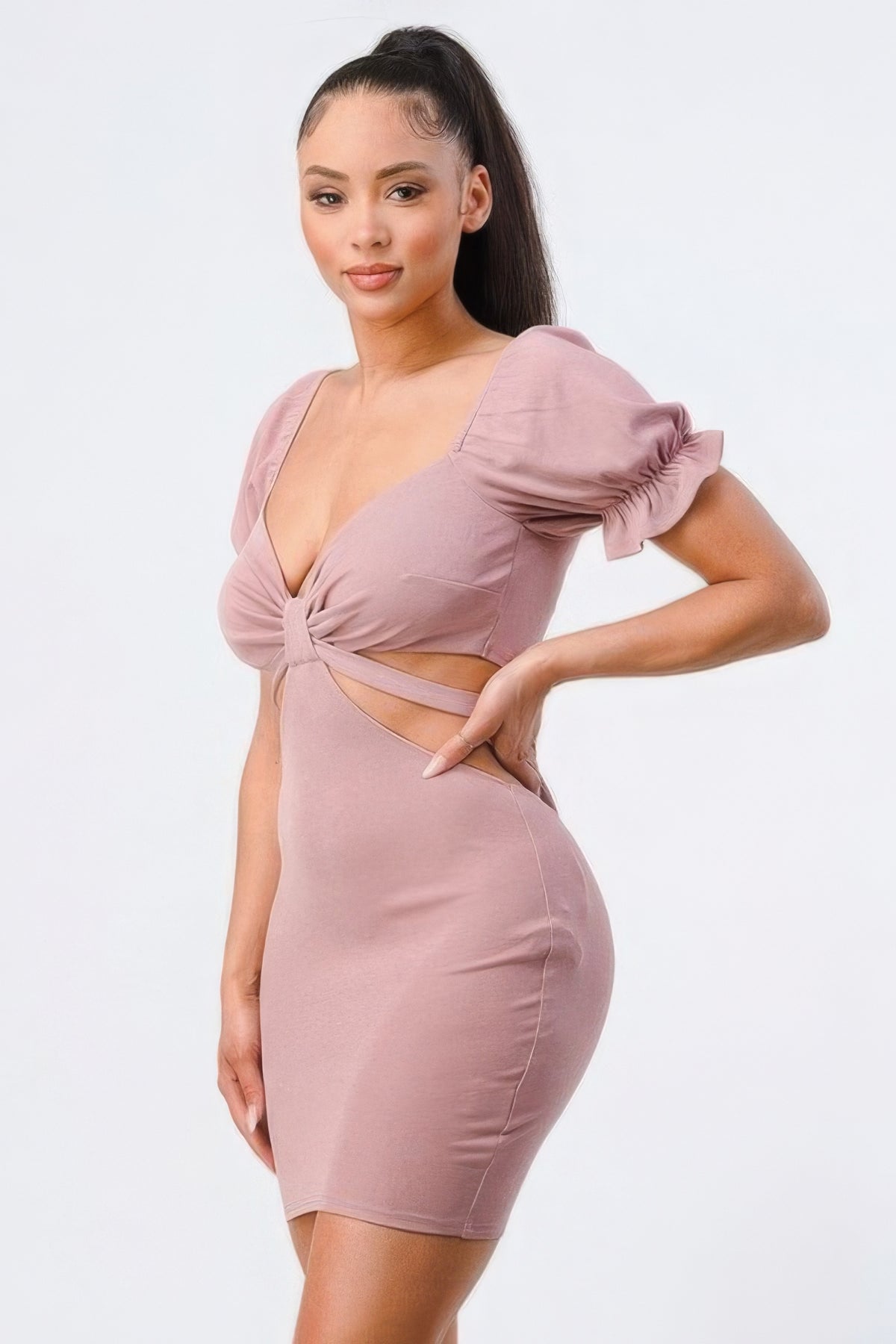 Fashion Plus Polyester/Spandex Lux Side Cutout W/ Back Tie Detail Bodycon Mini Dress (Mauve)