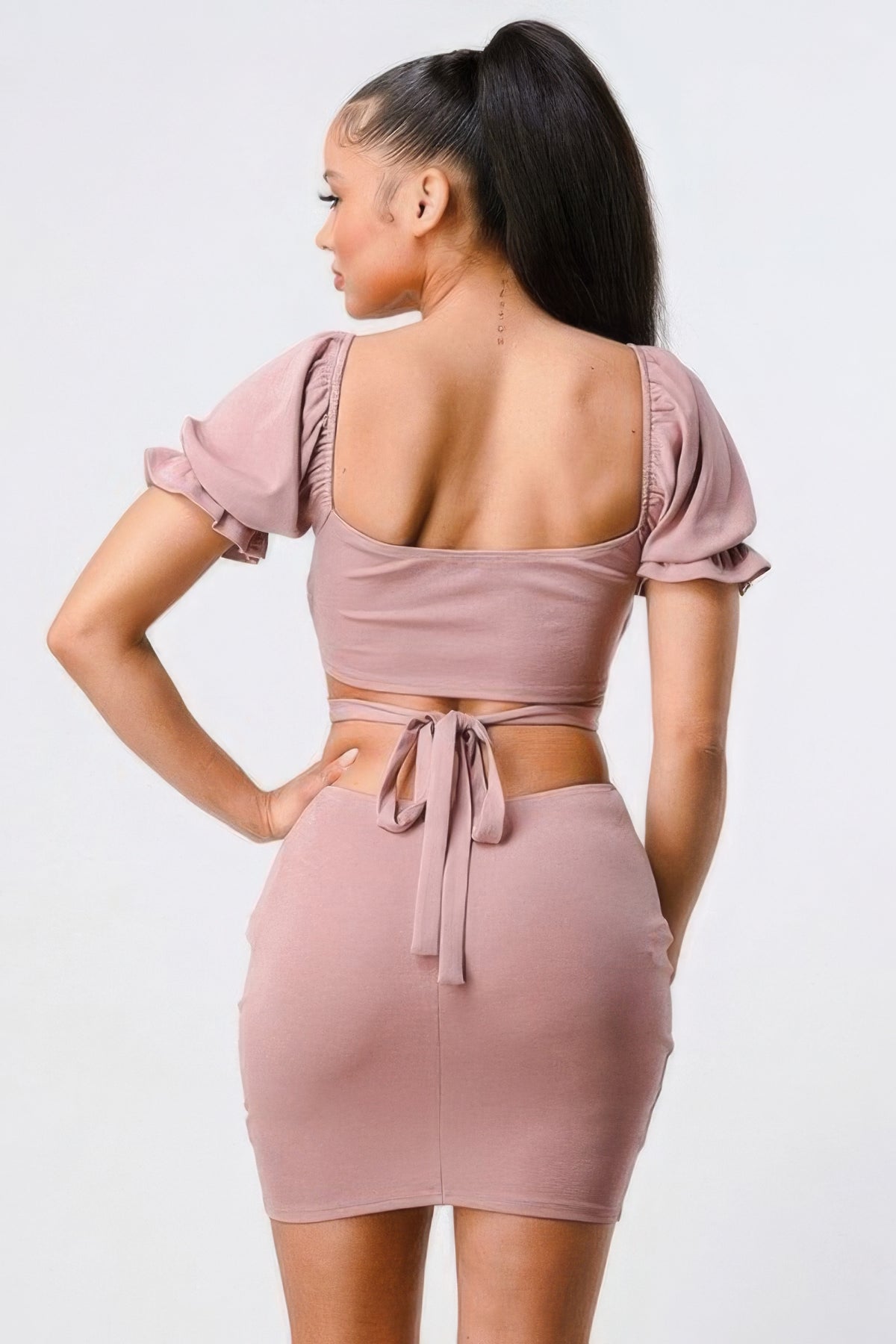 Fashion Plus Polyester/Spandex Lux Side Cutout W/ Back Tie Detail Bodycon Mini Dress (Mauve)