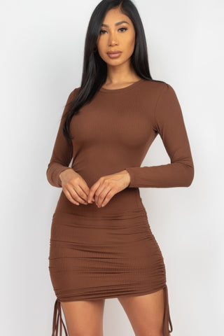 Roxanne Rocks Polyester/Spandex Blend Ribbed Long Sleeve Bodycon Mini Dress (Downtown Brown)