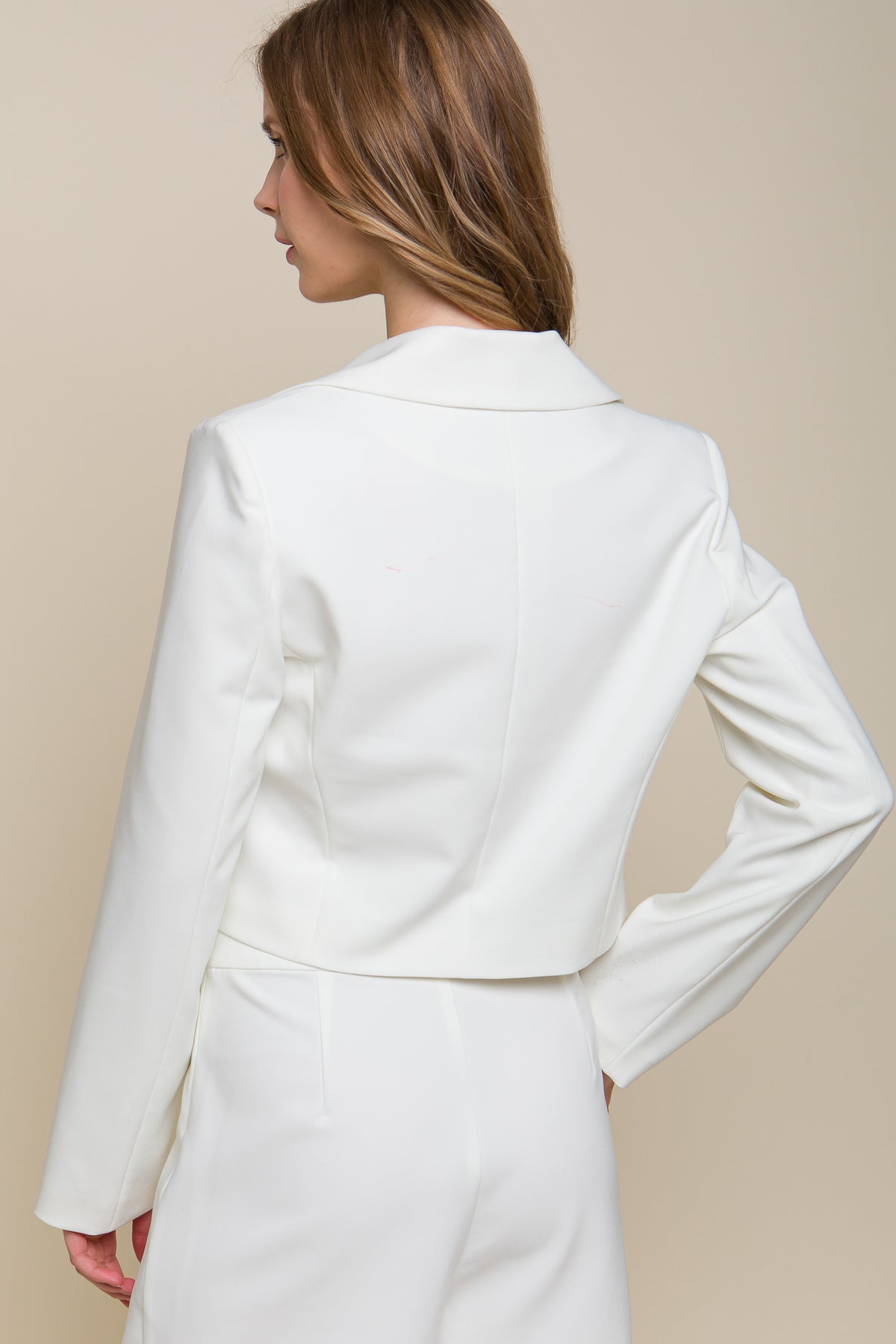 Our Best Polyester/Spandex Blend Deep-V Wide Lapel Long Sleeve Button Crop Blazer (White)