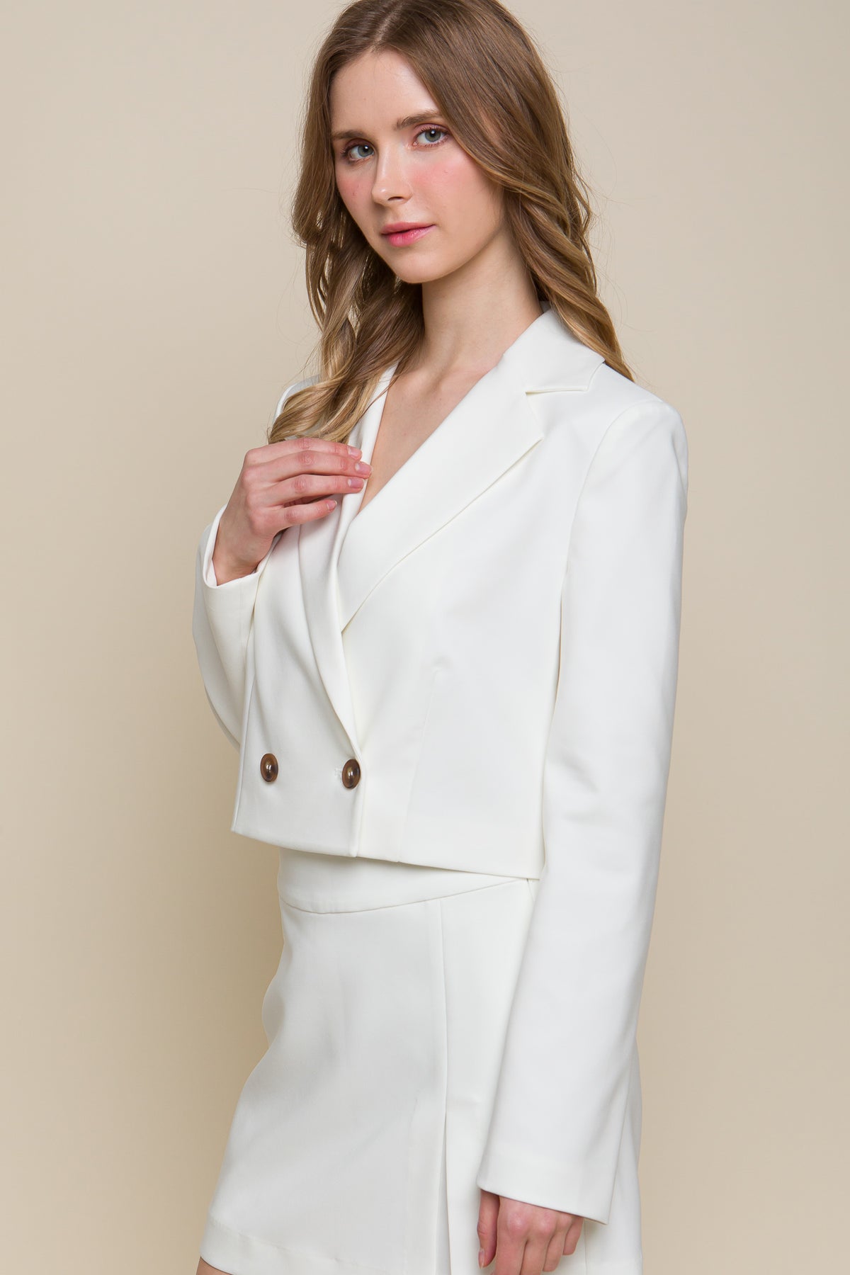 Our Best Polyester/Spandex Blend Deep-V Wide Lapel Long Sleeve Button Crop Blazer (White)