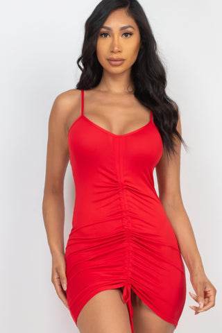 Our Best Polyester Blend High Stretch Jersey Adjustable Ruched Front Detail Mini Dress (Red)