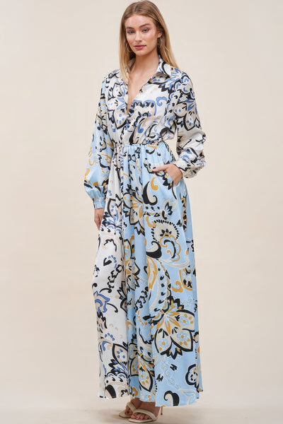 Our Best 100% Polyester Color Block Floral Print V-Neck Maxi Dress (Blue/Ivory)