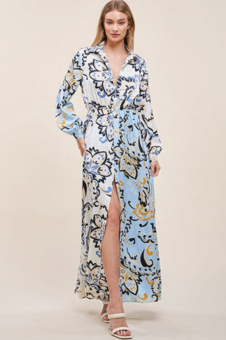 Our Best 100% Polyester Color Block Floral Print V-Neck Maxi Dress (Blue/Ivory)