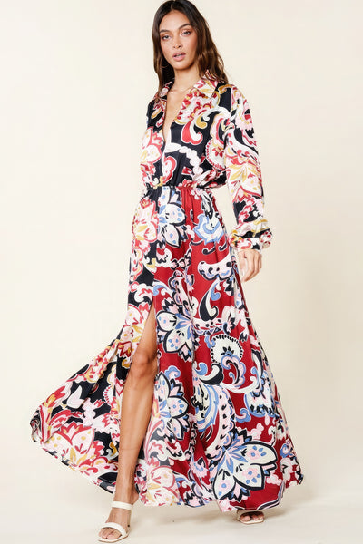 Our Best 100% Polyester Color Block Floral Print V-Neck Maxi Dress (Black/Burgundy)