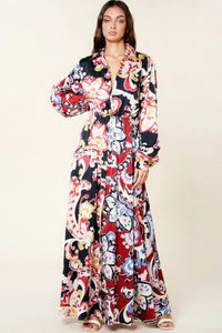 Our Best 100% Polyester Color Block Floral Print V-Neck Maxi Dress (Black/Burgundy)