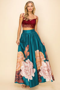 Our Best 100% Polyester Floral Print Extra Wide Pockets Detail Maxi Skirt (Green)