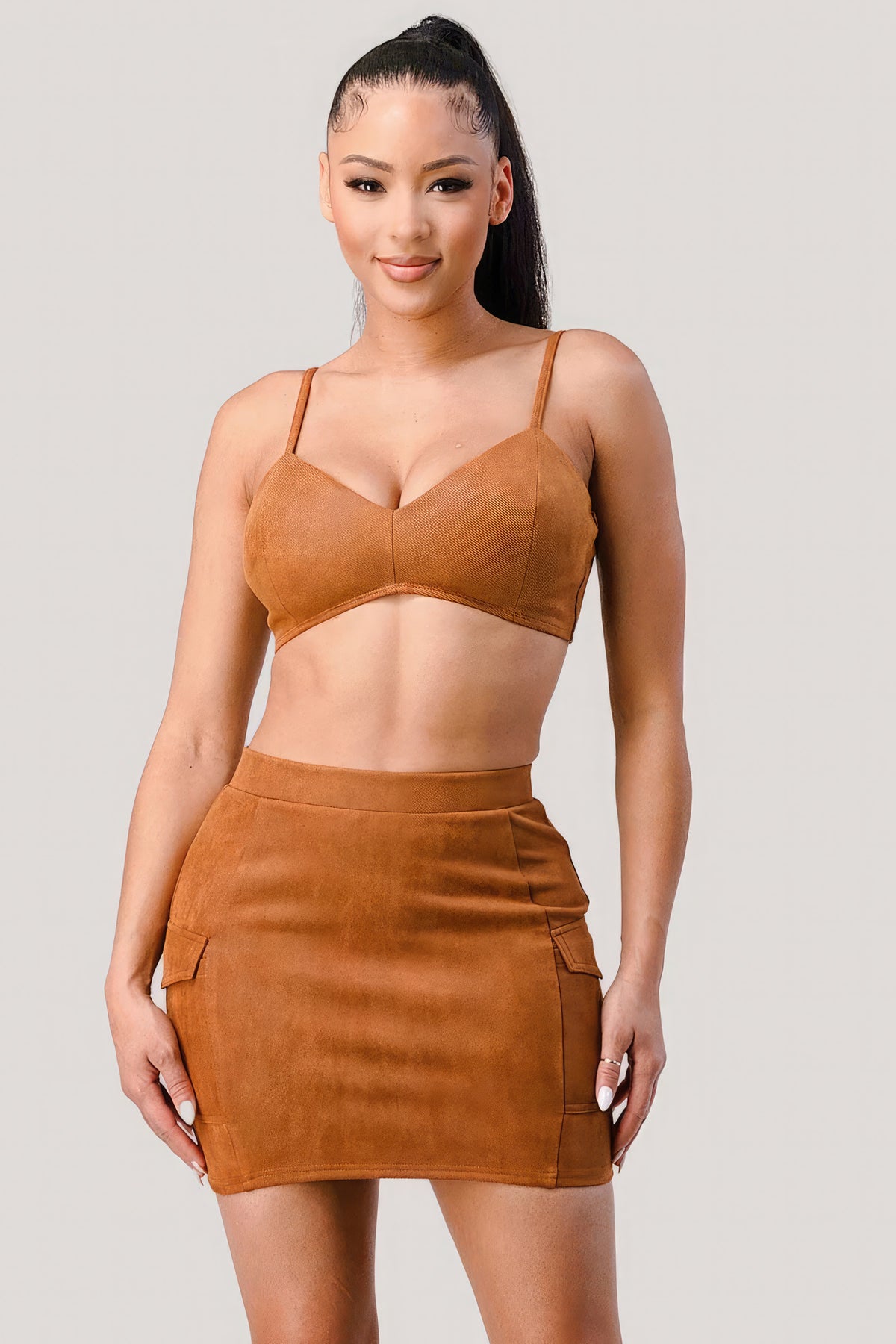 Our Best Polyester Blend Diagonal Bralette Cropped Blazer Jacket & Mini Skirt 3 pc Set (Camel)