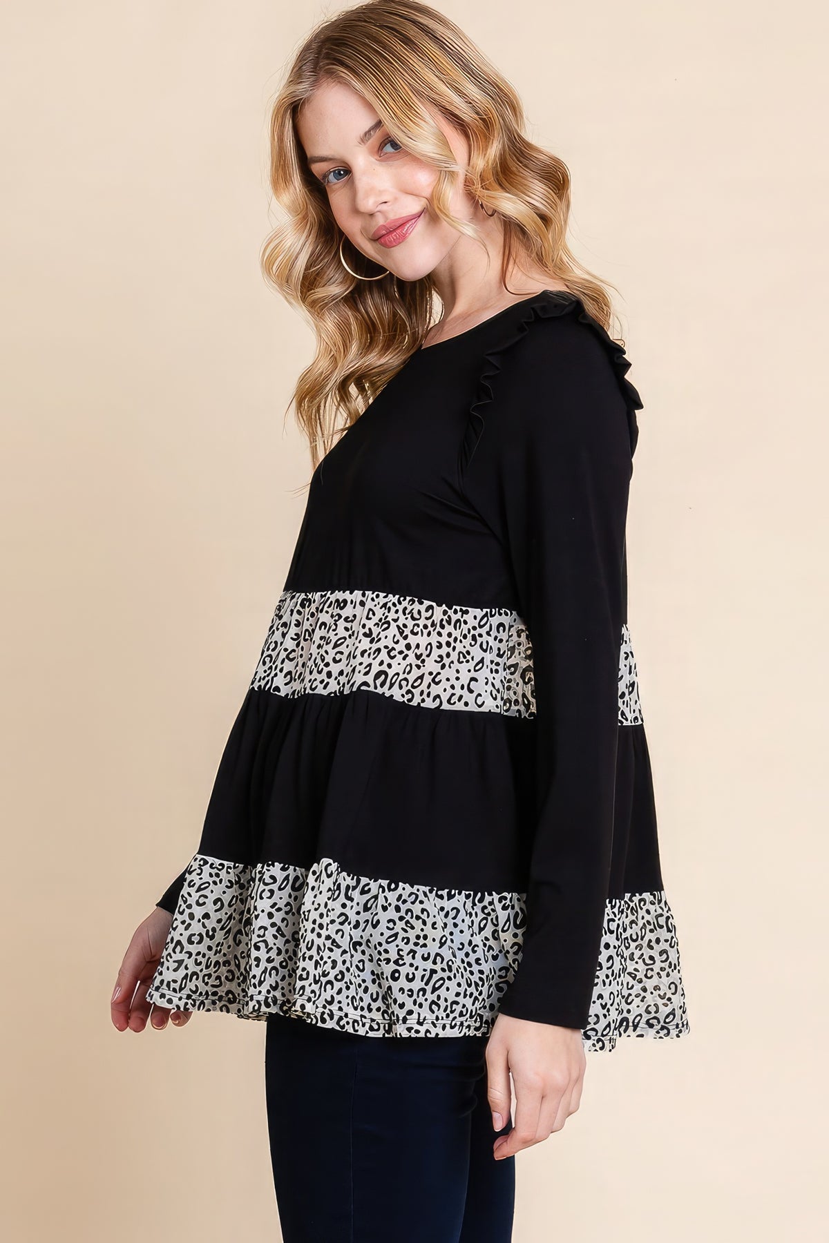 Samantha On Safari Rayon/Spandex Blend Solid Color Tiered Fashion Ruffled Tunic Top (Black)