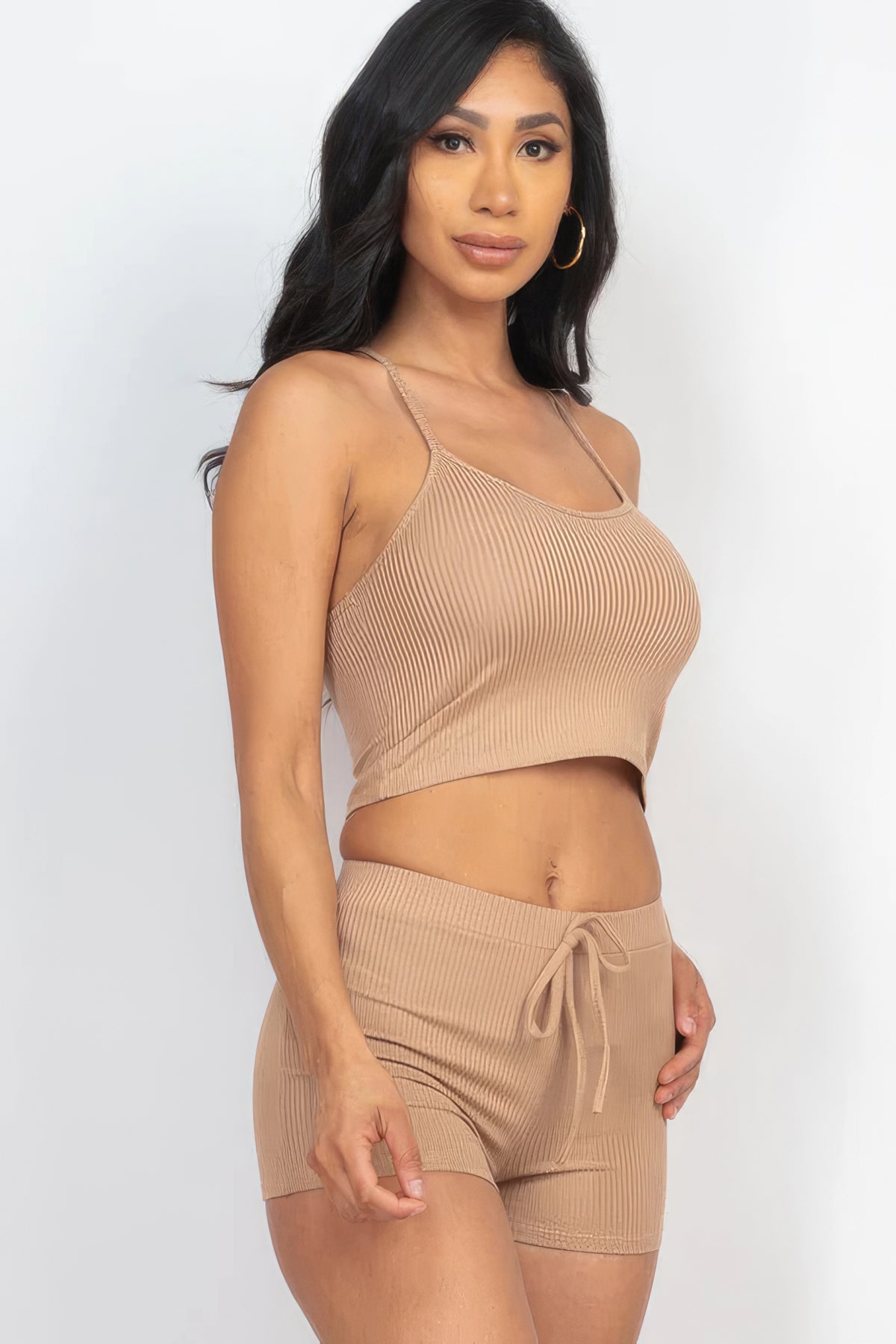 Our Best Polyester Blend Ribbed Racerback Crop Cami Top & Drawstring Shorts Set (Latte)