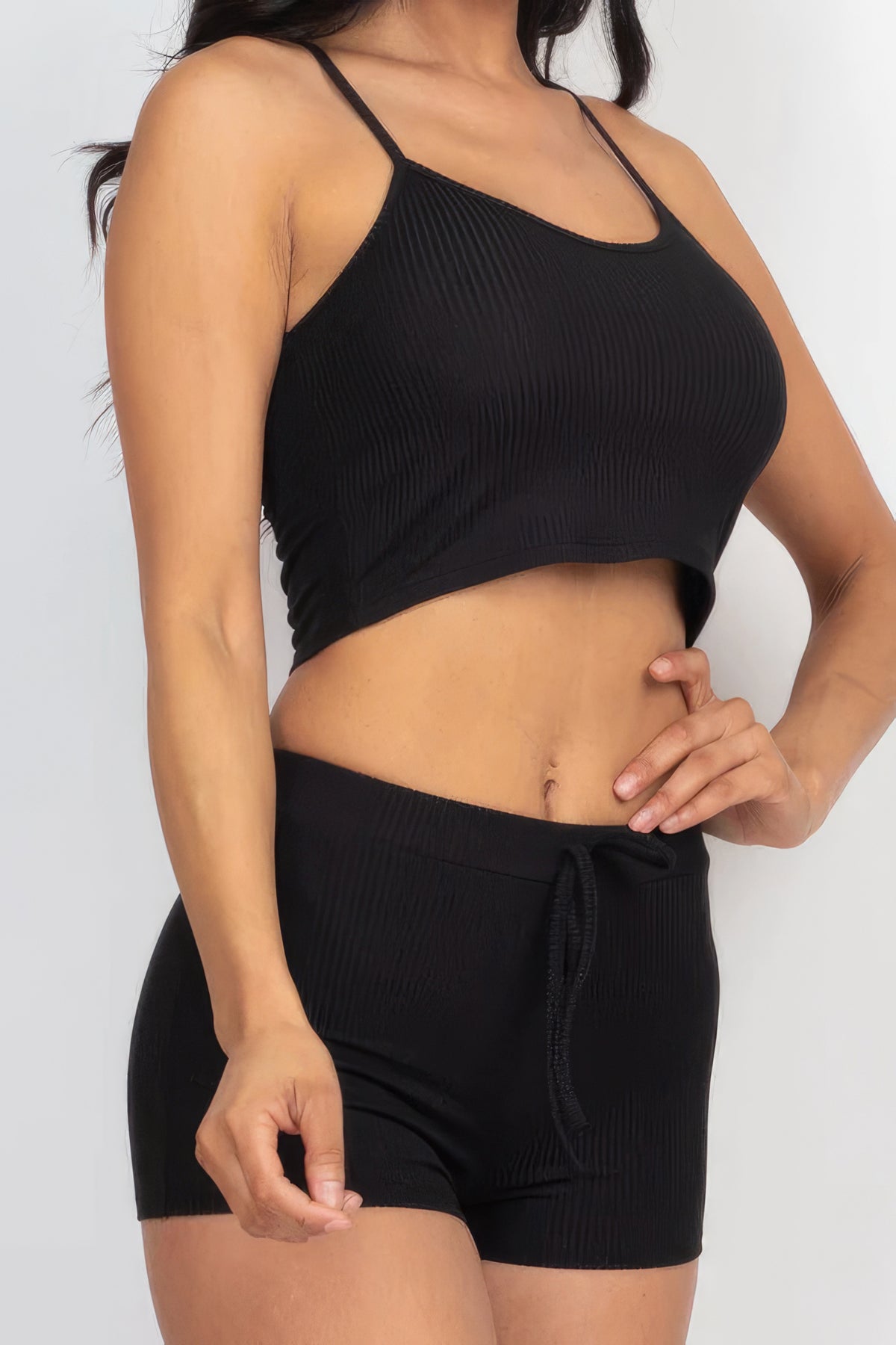 Our Best Polyester Blend Ribbed Racerback Crop Cami Top & Drawstring Shorts Set (Black)