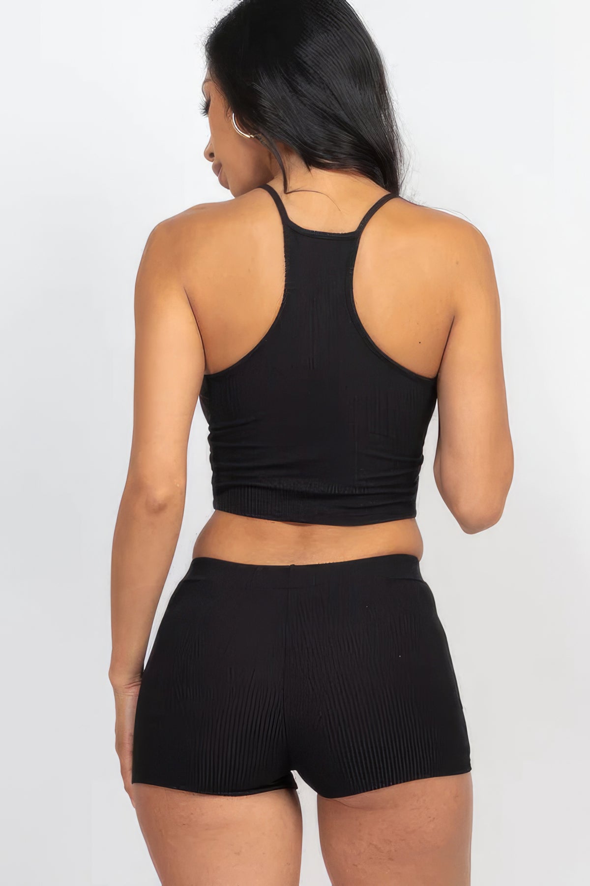 Our Best Polyester Blend Ribbed Racerback Crop Cami Top & Drawstring Shorts Set (Black)