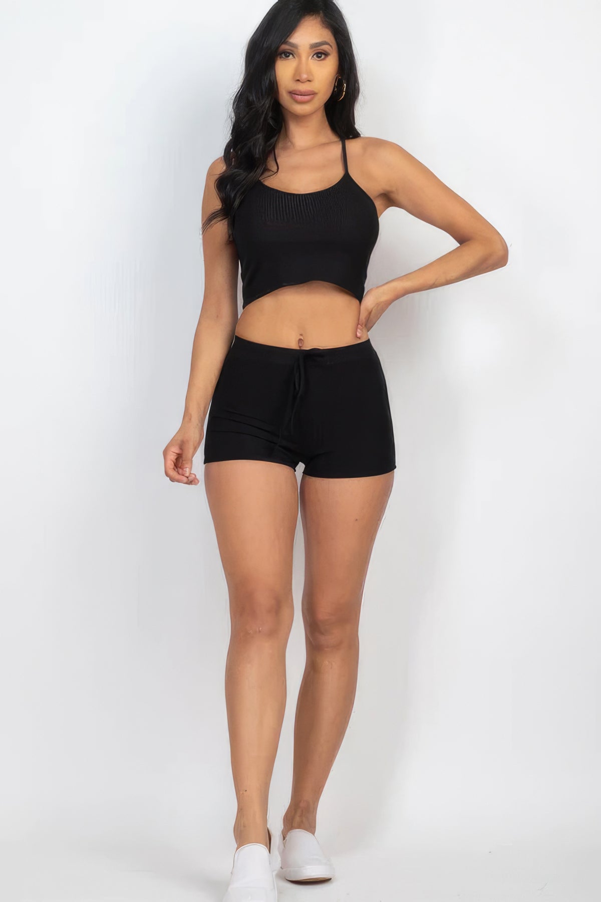 Our Best Polyester Blend Ribbed Racerback Crop Cami Top & Drawstring Shorts Set (Black)