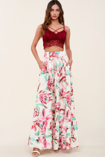 Our Best 100% Polyester Floral Print Extra Wide Pockets Detail Maxi Skirt (Ivory)
