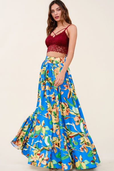 Our Best 100% Polyester Floral Print Extra Wide Pockets Detail Maxi Skirt (Blue)