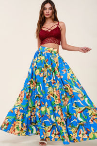 Our Best 100% Polyester Floral Print Extra Wide Pockets Detail Maxi Skirt (Blue)