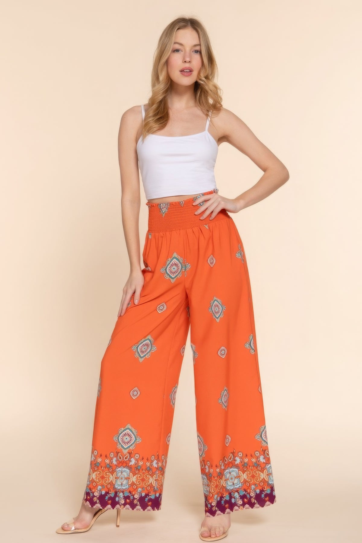 Geo Janine Polyester/Spandex Blend Geometric Border Print Detail Wide Palazzo Pant (Orange Multi)