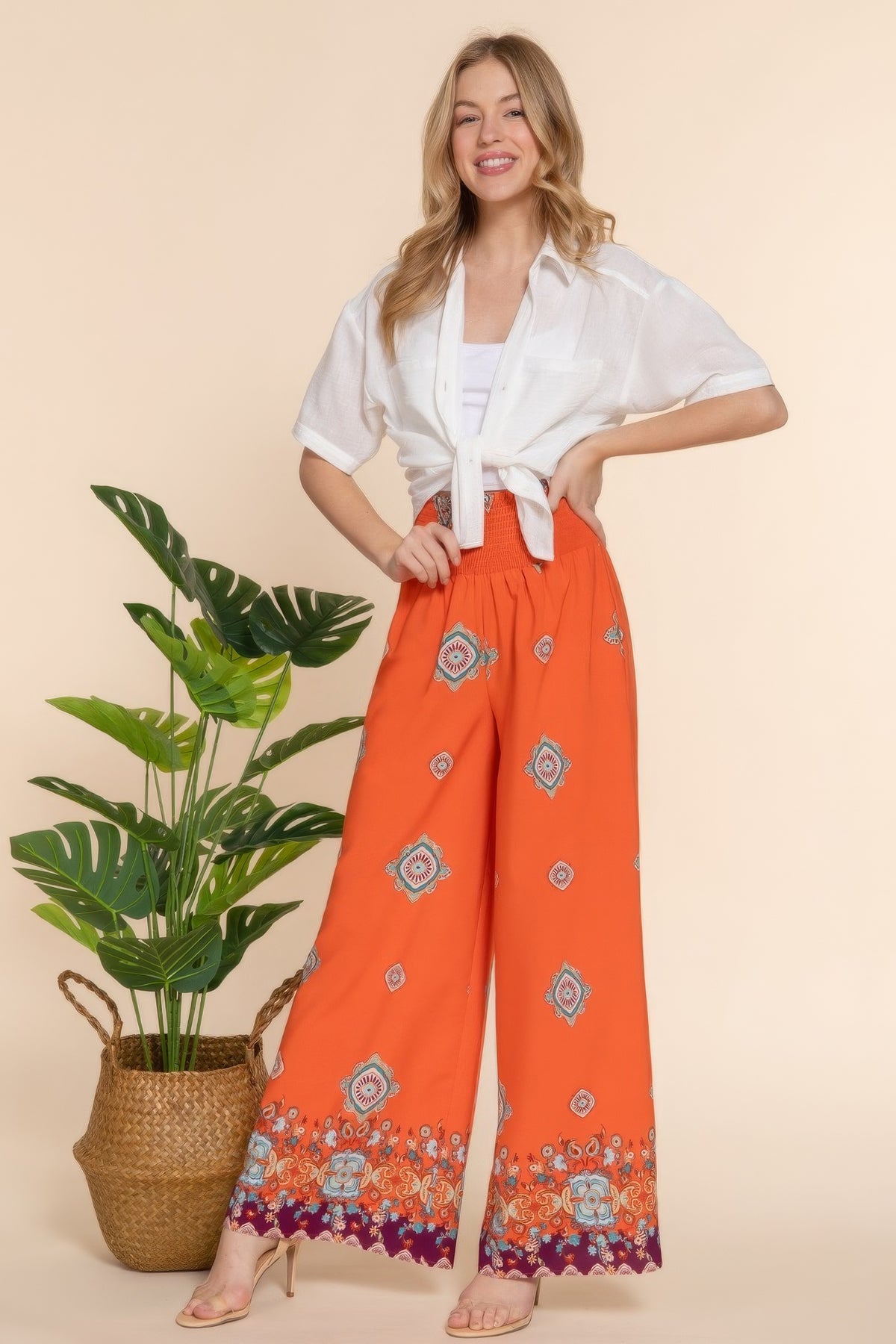 Geo Janine Polyester/Spandex Blend Geometric Border Print Detail Wide Palazzo Pant (Orange Multi)