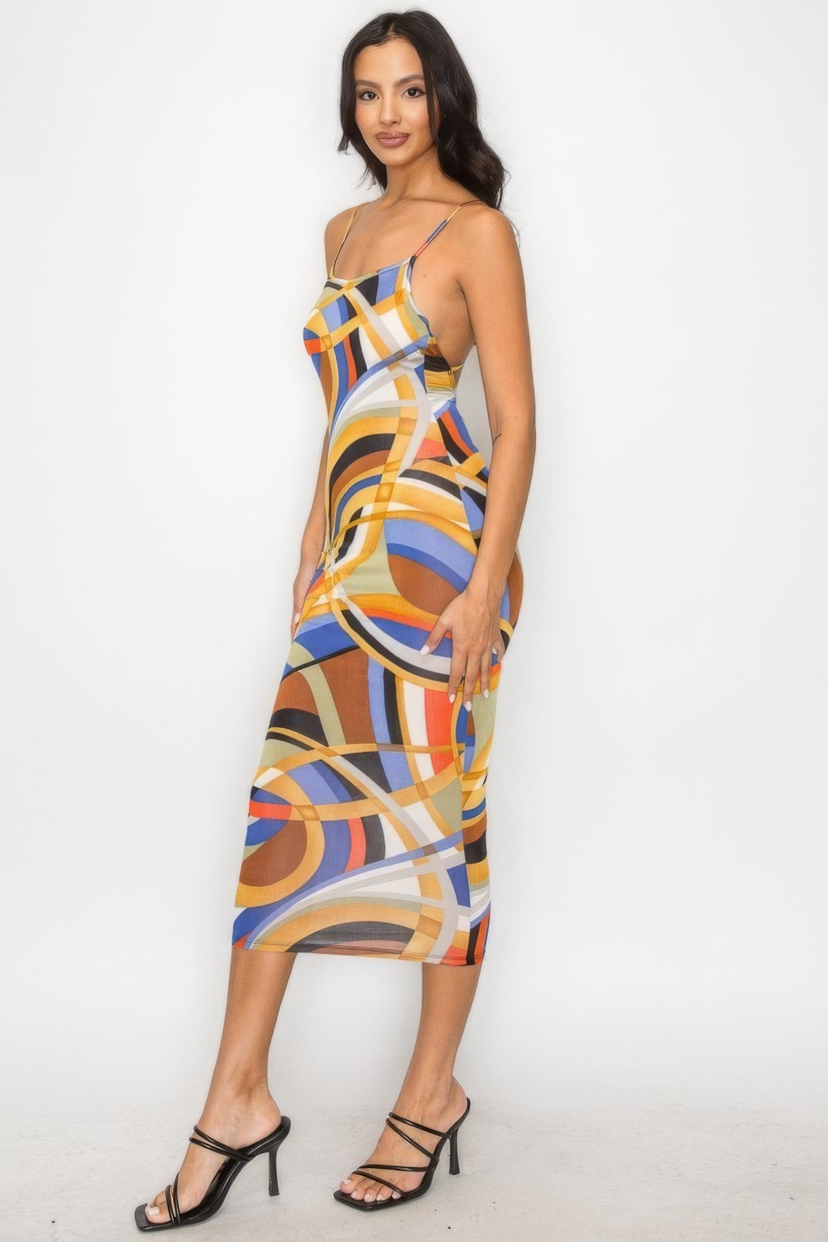 Our Best Polyester Blend Crossed Back Marble Print Multicolor Midi Dress (Multi/Yellow)