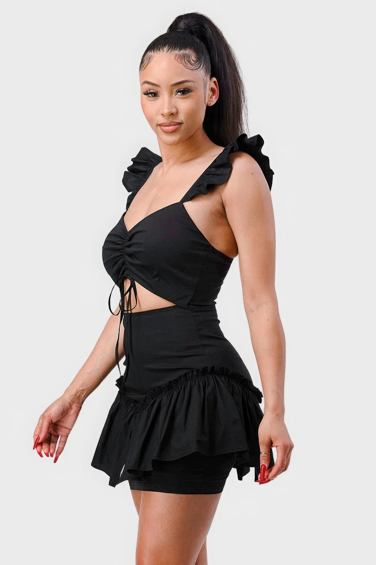 Our Best Cotton Blend Sweetheart Drawstring Bow Cutout Ruffled Flutter Sleeves Mini Dress (Black)