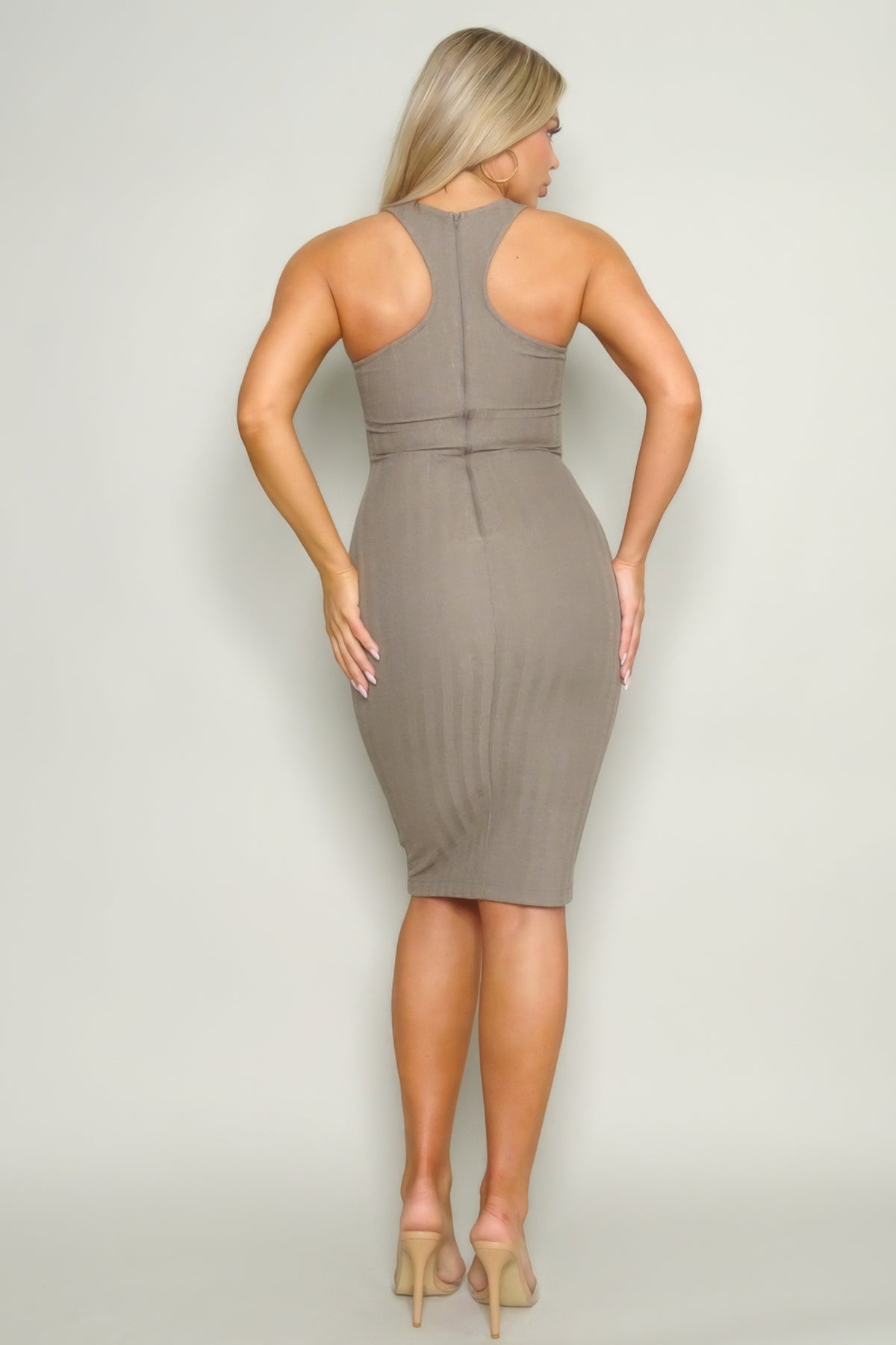 Our Best Polyester/Spandex Blend Sleeveless Racerback Knit Detail Midi Dress (Pebble)