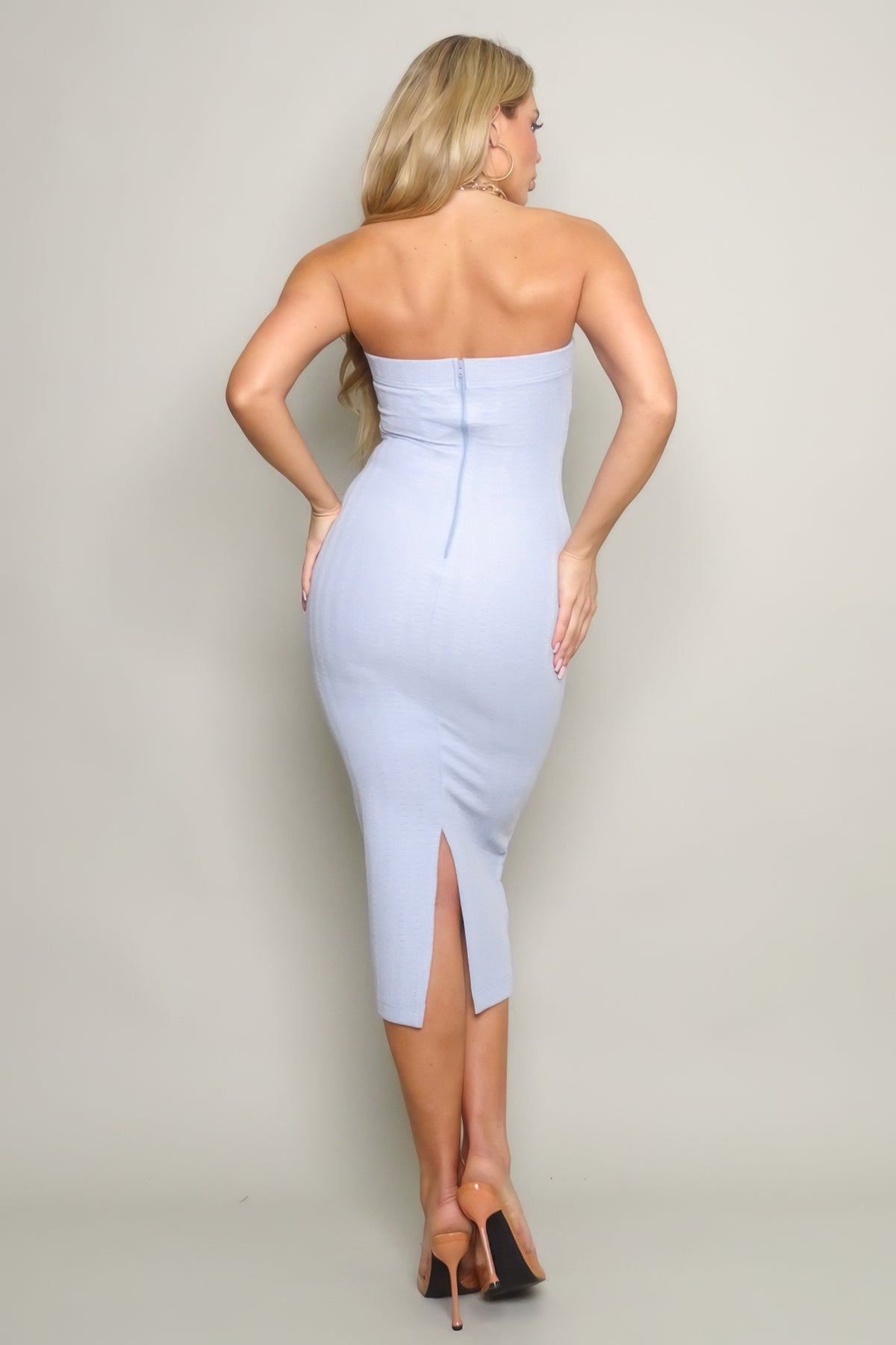 Our Best Polyester Blend Stretch Knit Bodycon Tube Style Midi Dress (Sky Blue)