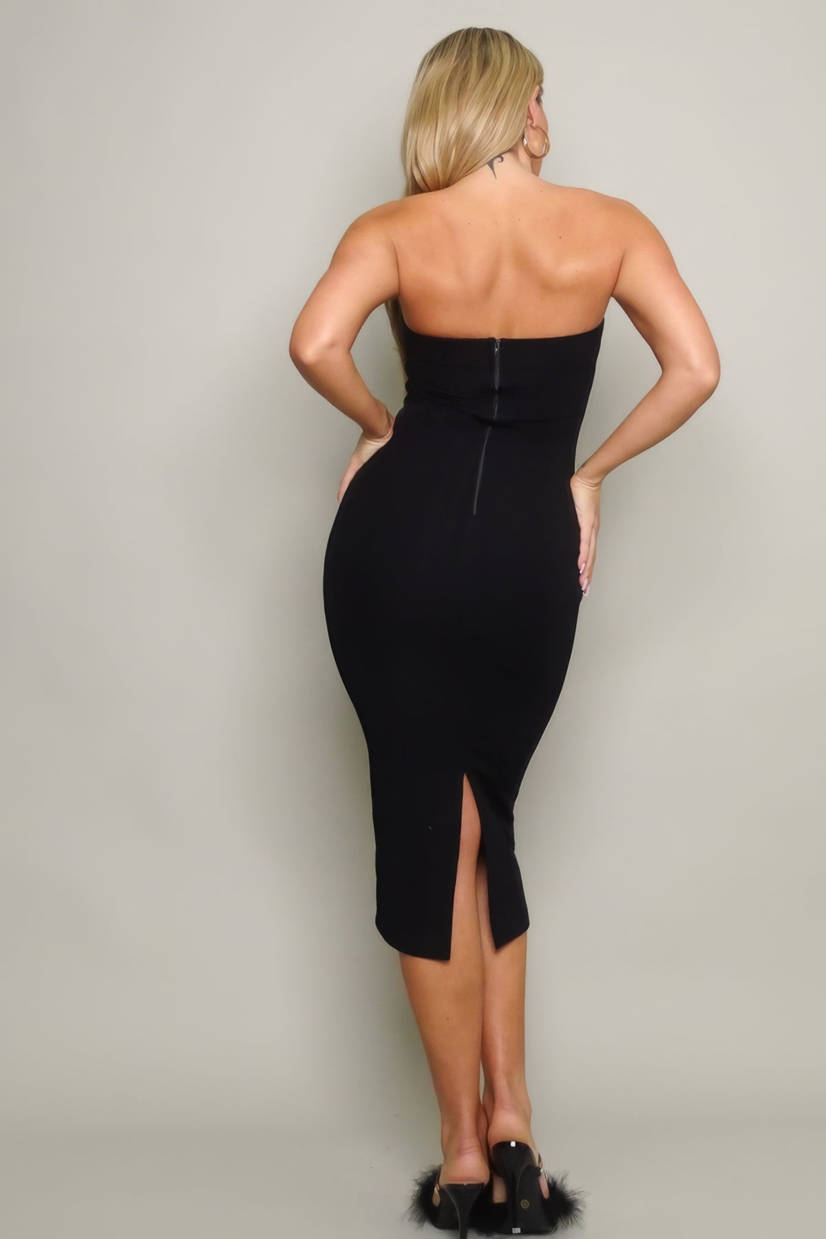 Our Best Polyester Blend Body Sculpting Strapless Knit Tube Style Midi Dress (Black)