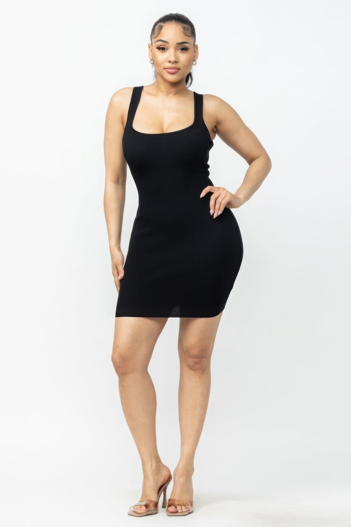 Our Best Polyester Blend Sleeveless Wide Shoulder Straps Square Neck Knit Mini Dress (Black)