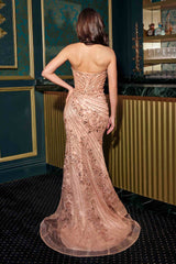 Ladivine CC8251 Strapless Fitted Gown V-neckline Linear Beaded Motif