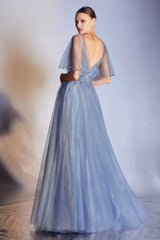 Cinderella Divine CD0175 Floor Length Layered Tulle A-Line Gown Butterfly Sleeve