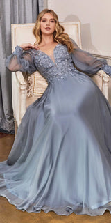 Cinderella Divine CD0183 Puff Long Sleeve Chiffon Formal Gown