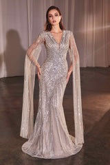 Ladivine CD0239 Long Sleeve Fully Beaded Sheath Gown