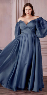 Cinderella Divine CD243C Long Sleeve A-Line Chiffon Dress