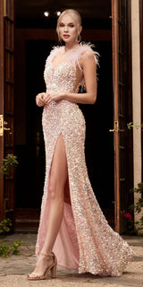 Cinderella Divine CD248 Floor Length Feather Strap Iridescent Sequins Gown