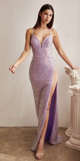 Ladivine CD258 Floor Length Iridescent Fitted Sequin Gown