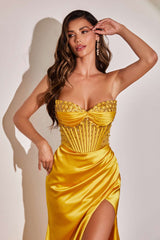 Ladivine CD295 Long Daisy Motif Embellished Bodice Satin Corset Gown