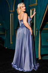 Ladivine CD337C Long A-Line Slit Satin Bustier Prom Dress