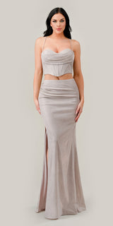 Ladivine 350 Long Two-Piece Glitter Corset Slit Dress