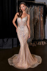 Ladivine CD658 Dazzling Fitted Plunging Sweetheart Fitted Overskirt Gown