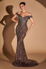 Ladivine CD693 Fitted Off Shoulder Sweetheart Neck Crystal Evening Dress