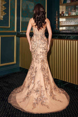 Ladivine CD723 Strapless Fitted Gown Plunging Neckline Floral Detailing