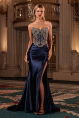 Ladivine CD736 Dress Crystal Strapless Fitted Satin Gown