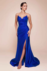 Ladivine CD791 Dress Strapless Stretch Satin Fitted Gown with Slit