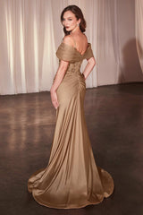 Ladivine CD798 Fitted Satin & Lace Gown With Off The Shoulder Accessory