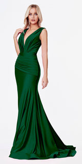 Cinderella Divine CD912 Fitted Jersey Gown Ruched Waistline Pleated Deep V-Neckline